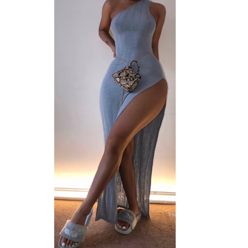 ✨Brand New Fitted One Shoulder Maxi Dress with Slit, Gray✨